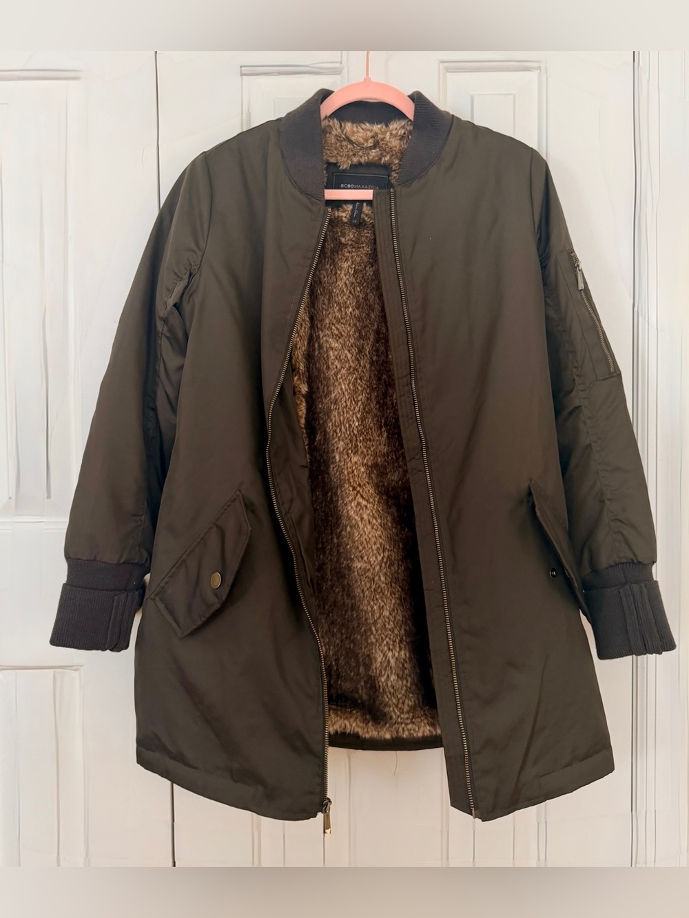 BCBG rabbit fur lined coat size XS army green